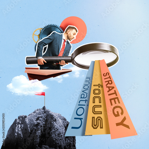 Creative business collage featuring a businessman with a giant magnifying glass exploring innovation, focus and strategy.