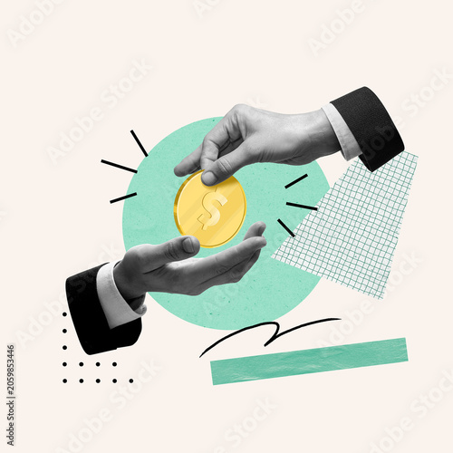 Creative collage of hands exchanging a coin with mint accents. Concept of payment, investment, donation, funding, banking, finance and economic exchange.