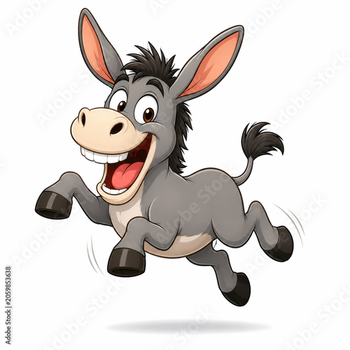 A cute happy grey donkey cartoon character jumping and smiling with joy
