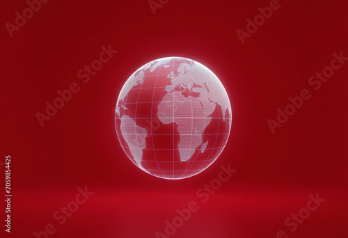 A Glowing White Wireframe Globe Displaying A Map Of The World Centered Against A Solid Red Background