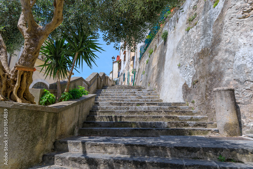 Townscape of Maiori on Amalfi Coast in southern Italy: view from the historic center with the staircase of the Sentiero dei Limoni (or Lemon Path).