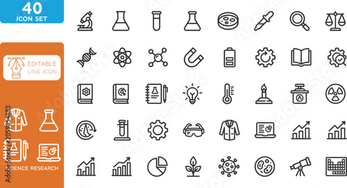 Minimalist Science research line editable Icons set. Vector illustration. Containing experiment, laboratory, scientist, and more. on transparent background.