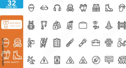 Work safety line editable Icons set. Vector illustration. Containing workplace security, Safety first, hard hat, insurance, first aid kit, risk management, regulation, and more.
