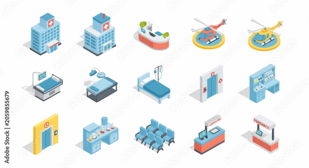 Naklejka premium Collection of isometric medical icons representing hospitals, clinics, and emergency services.
