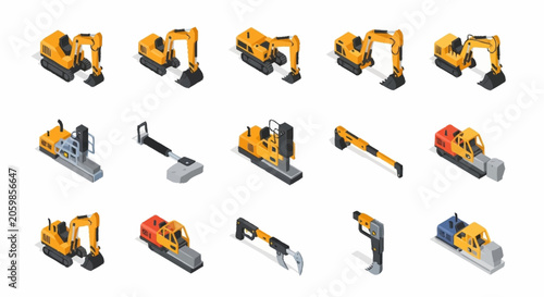 Collection of isometric construction vehicles and machinery on a white background.