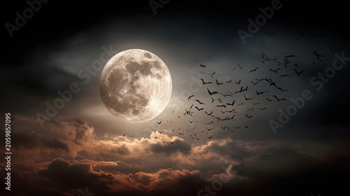 full moon with bats flying across the night sky, dark and eerie atmosphere