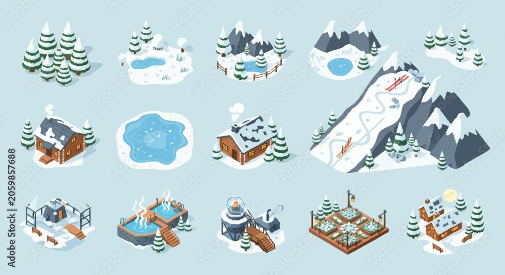 Naklejka premium Collection of isometric winter scenes and elements, including snowy trees, cabins, mountains, and winter activities.