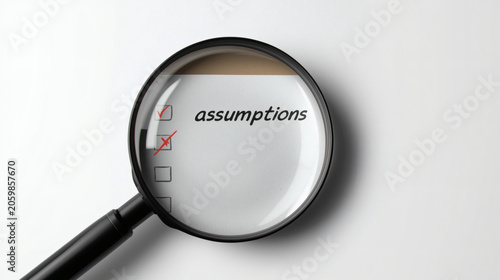 A Magnifying Glass Focusing On A White Notepad With The Word Assumptions Written Next To A Checklist Containing A Red Checkmark And A Crossed Out Checkmark