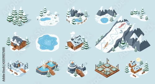 Collection of isometric winter scenes and elements, including snowy trees, cabins, mountains, and winter activities.