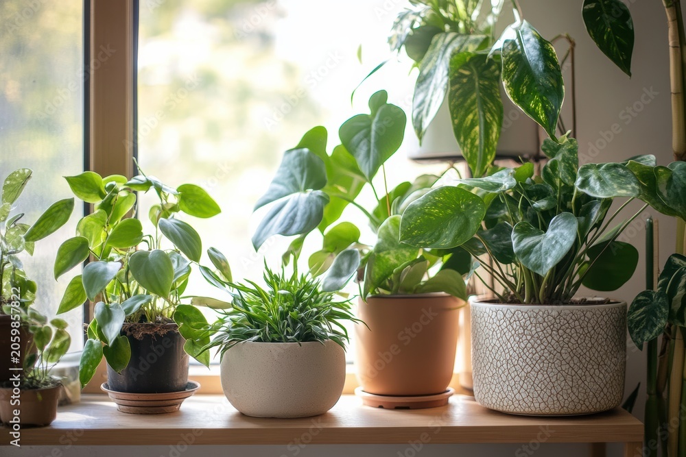 Fototapeta premium Plants enhance indoor spaces with biophilic design and minimalism in 8K resolution