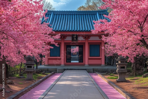 Cherry blossoms bloom by temple in Japan during spring season with clear blue skies