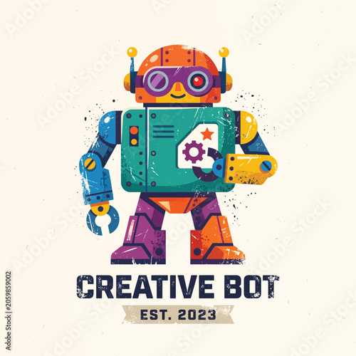 Bild auf Leinwand Colorful Robot With Glasses Holding Gear.