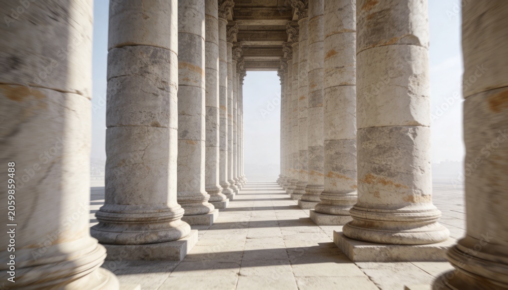 Fototapeta premium Framing central aisle receding toward bright portal at plaza, with weathered stone columns