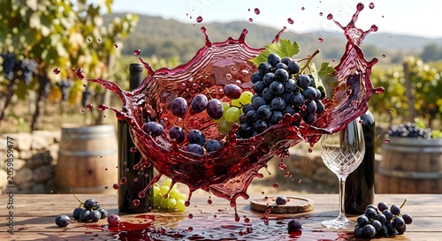 Harvesting Fresh Grapes in Sunny Vineyard with Wine Barrels and Scenic Landscape