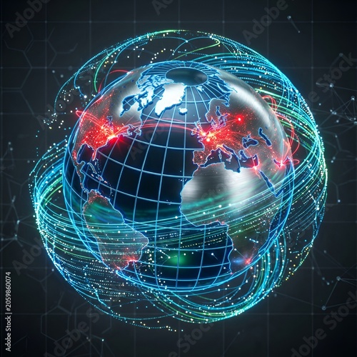 Global network connection, digital world map with glowing data streams and connections