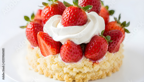 Close-up of a creamy dessert topped with fresh strawberries and whipped cream on a plate.