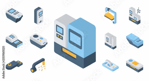Collection of isometric industrial machines and equipment, including CNC lathes, control panels, and manufacturing tools.
