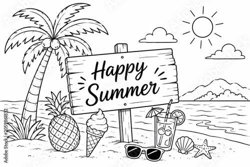 Happy summer drawing with palm trees and sun on a beach for coloring page