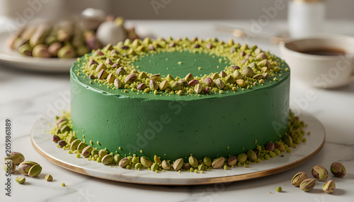 Fresh pistachio cake with crushed nuts topping on white plate in bright kitchen setting