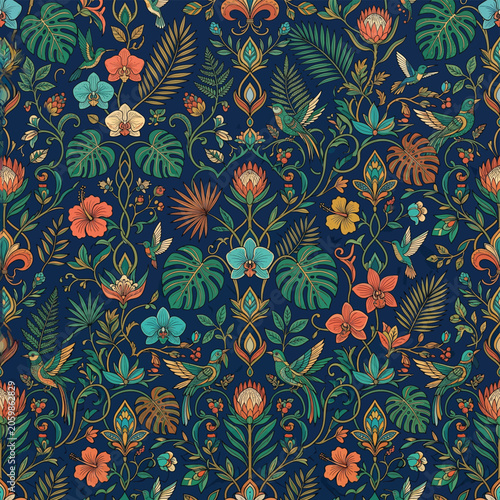 Tableau sur toile Tropical floral pattern with colorful flowers.