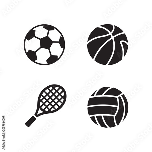  Sports Equipment Icons Set Including Soccer Basketball Tennis Racket And Volleyball Vector.