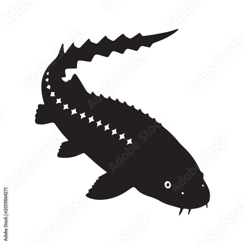 Sturgeon Fish Silhouette Vector Illustration Jumping Isolated On A White Background.