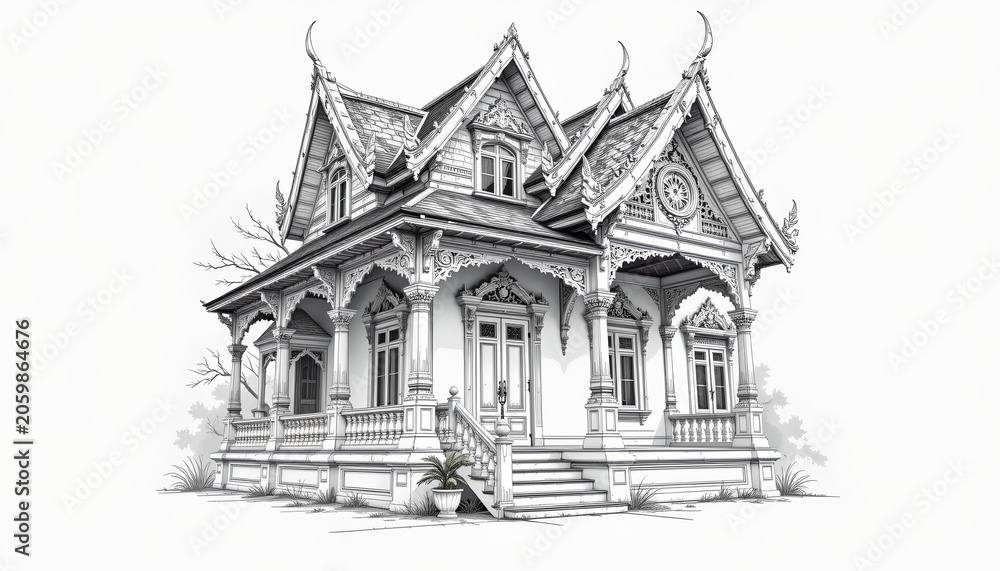 Fototapeta premium The image depicts an ornate, intricately designed house with multiple steeply pitched roofs and decorative architectural elements