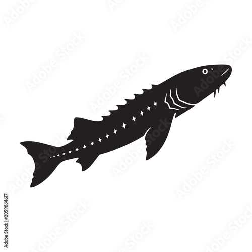 Sturgeon Fish Silhouette Vector Illustration Jumping Isolated On A White Background.