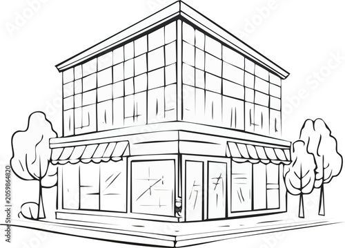 A line drawing of a modern building.