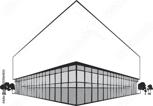Modern glass building with triangular roof.
