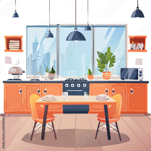 a modern kitchen with a dining table.