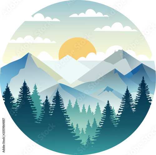 Mountain landscape with pine trees and sunset.