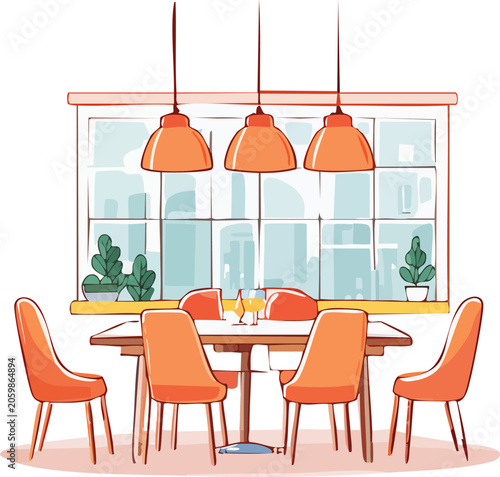 a dining room with orange chairs and table.