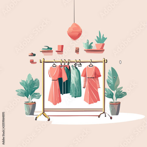 Fashion clothing rack with plants and decor.