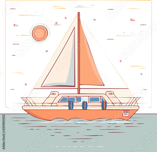 A sailboat on calm waters under sun.