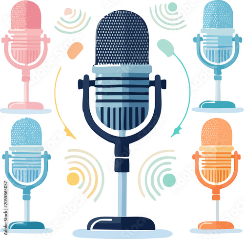 Colorful illustration of multiple microphones.