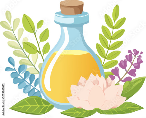 A bottle of yellow liquid with plants and flowers.