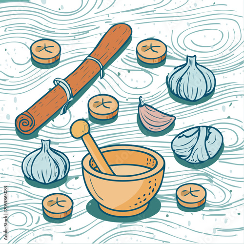 Illustration of mortar with garlic and pestle.