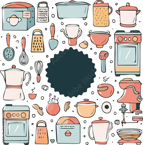 Colorful kitchen utensils and appliances illustration.