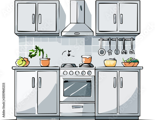 A kitchen interior with modern appliances.