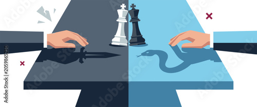 Fotografie Corporate Businessmen Playing Chess with Dagger and Snake Shadows Concept Vector