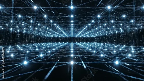 A futuristic network of glowing blue lines and nodes radiates outward in a dark technological environment with a central axis of light.