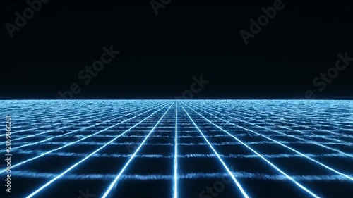 Neon grid lines converge in futuristic digital landscape at night