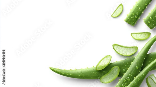 Fresh aloe vera slices on white background with water droplets for skincare and health concepts
