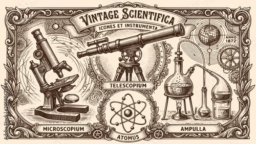 Принти на полотні Vintage Scientific Instruments Engraving Microscope Telescope Atom