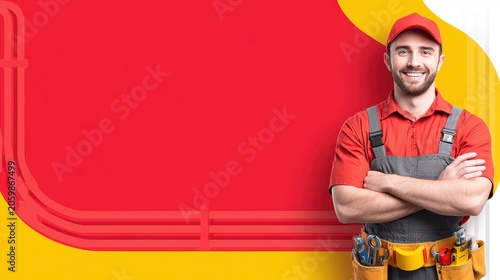 Smiling technician stands ready for service, arms crossed, wearing uniform and full tool belt against a red and yellow background