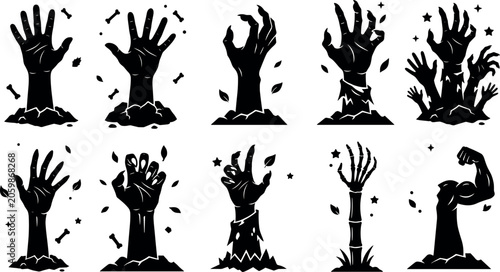 Zombie Hands Rising from Ground Silhouette Icon Set with Dead Corpse Arms and Skeleton Bones for Halloween Party and Scary Horror Graphic Designs