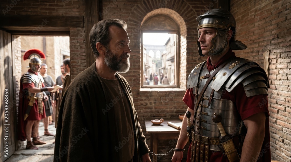 Fototapeta premium Apostle Paul in chains held by a Roman soldier in imprisonment. Biblical scene from Acts in Rome with old man prisoner guarded by guard in armor. Ancient history and religious life.