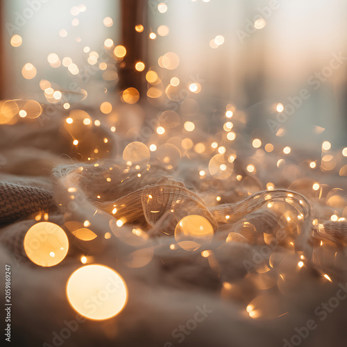Golden Christmas Lights Background with Glowing Bokeh and Festive Holiday Decoration at Night