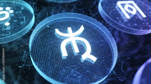 Cryptocurrency coins with symbols on screen.